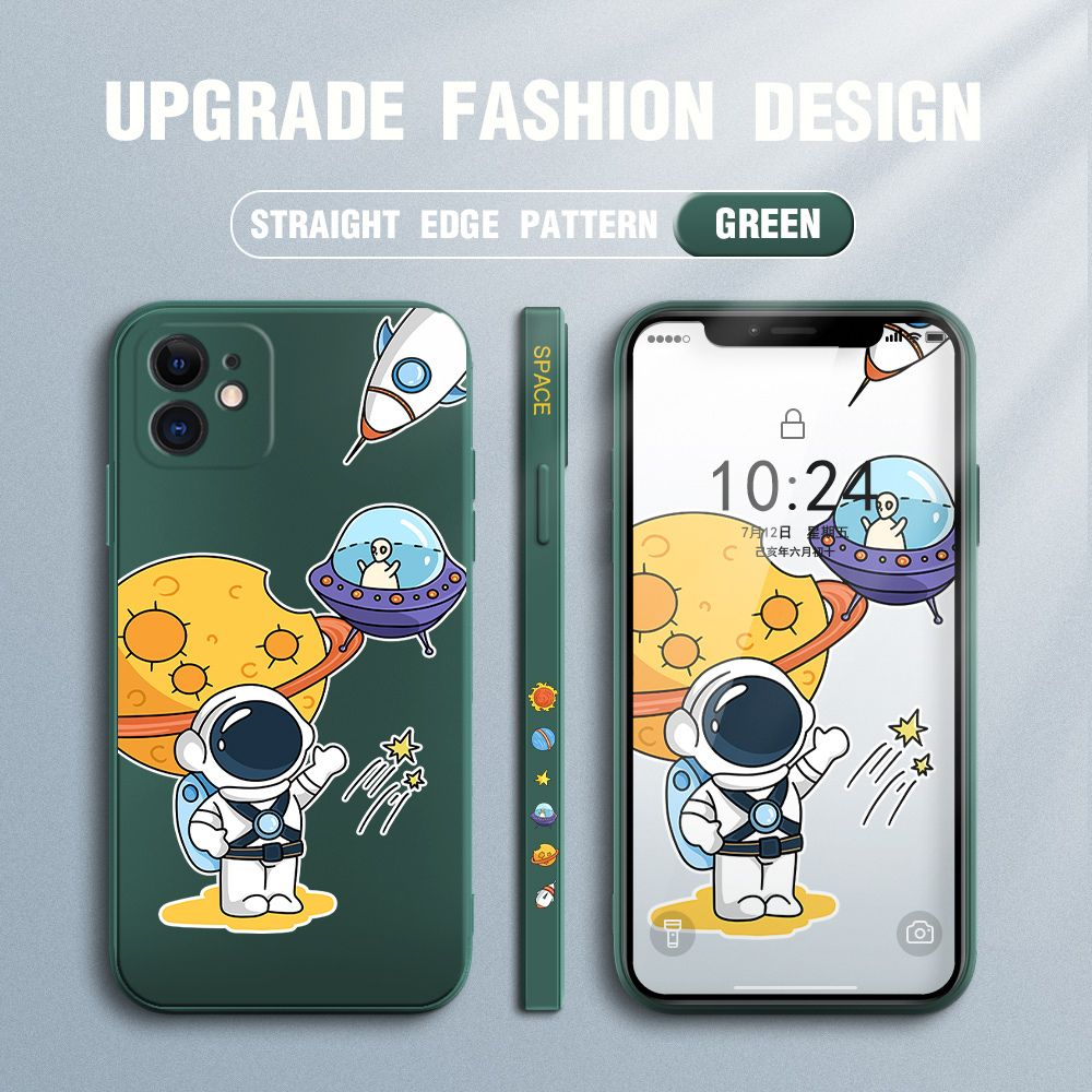 Jizetin for iPhone 12 Mini Case Side Design Phone Cover Moon Space Astronaut Cover Square Edge Pattern Liquid Silicone Trend Case