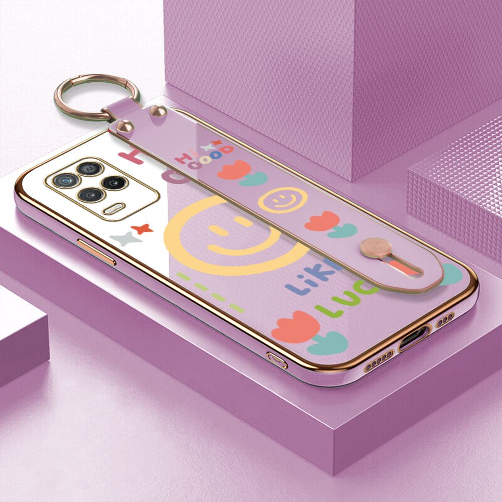 ZeroQiQi for Realme 8 5G Wrist Strap Back Cover Flower Smiley Fashion Luxury 6D Plating Soft Casing Silicone Square Frame Phone Case