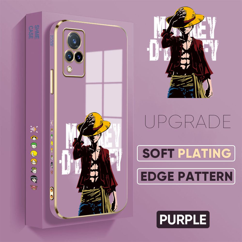 Jizetin (Free Lanyard) Vivo V21 / V21 5G Back Cover Holding Cap Luffy Luxury 6D Plating Case Side Pattern Soft Silicone Square Mobile Phone Cases