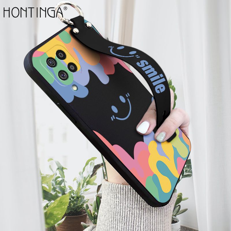 Hontinga for Samsung Galaxy M62 Wrist Strap Case Soft Candy Color Splash Ink Cover Trend Square Printed Pattern Liquid Silicone Phone Case