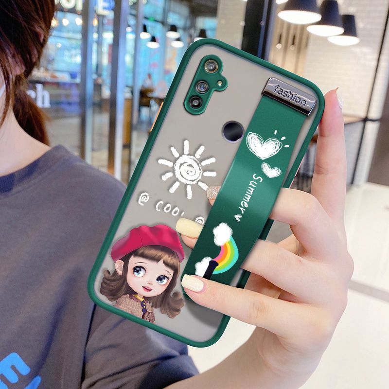 UCUC for Realme C3 Wrist Strap Case Lovely Cartoon Red Hat Girl Wristband Printing Cover Shockproof Frosted Phone Case