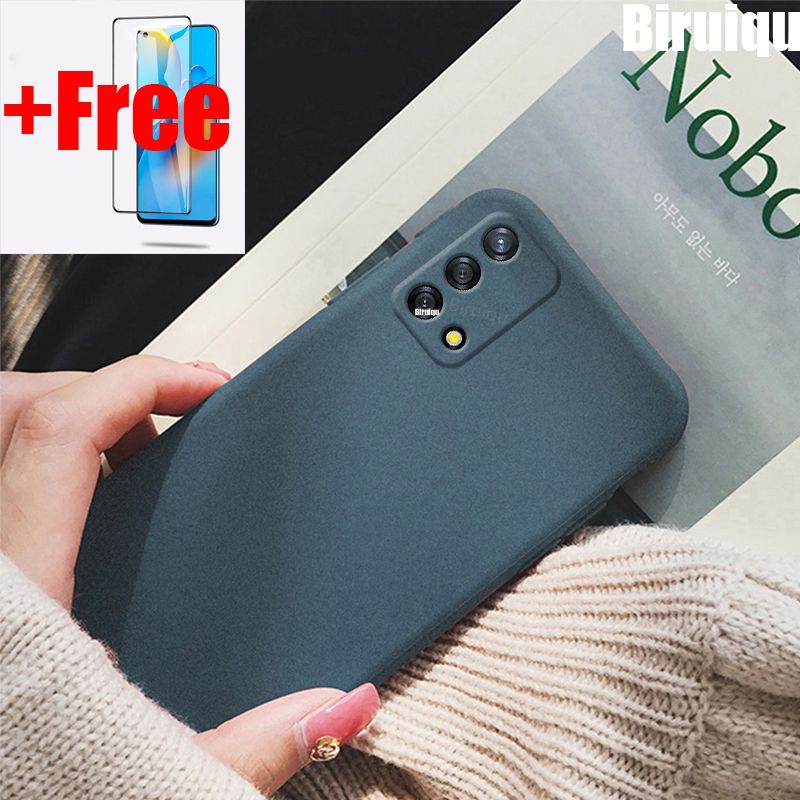 (Free Tempered Glass)Biruiqu For OPPO F19 Shockproof Anti Slip Soft TPU Sandstone Matte Back Case Cover