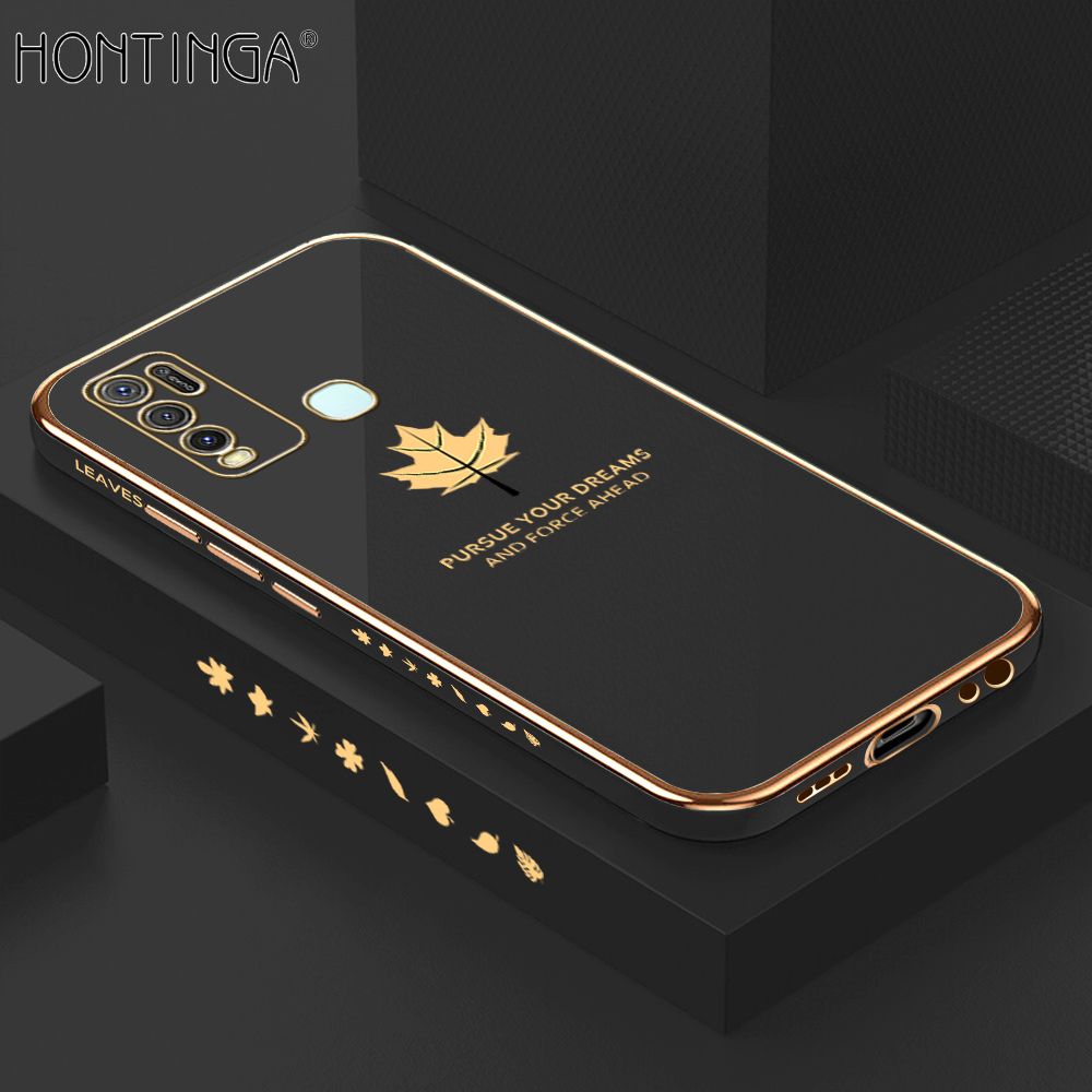 Hontinga for Vivo Y30i Luxury 6D Plating Soft Casing Silicone Square Frame Phone Case Shiny Bling Back Cover Maple Leaf Side Pattern Case