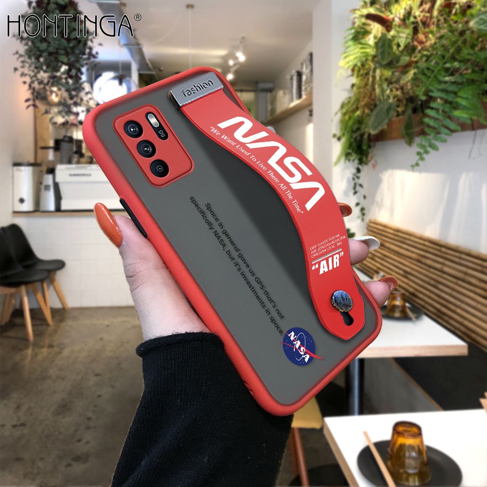 Hontinga for OPPO Reno6 Z 5G Back Cover With Wristband Popular Space Astronaut Phone Casee Full Lens Protection Thin Frosted Cases