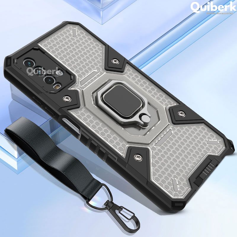 Quiberk for Xiaomi Redmi 9T Case With Free Lanyard Space Capsule Honeycomb Transparent Shockproof Ring Stand Protective Back Cover