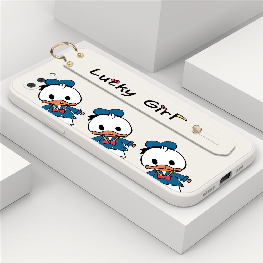 ZeroQiQi for OPPO A12E Wrist Strap Case Cute Cartoon Little Duck Phone Case Square Edge Liquid Silicone Case Full Cover Camera Shockproof Protective Cases