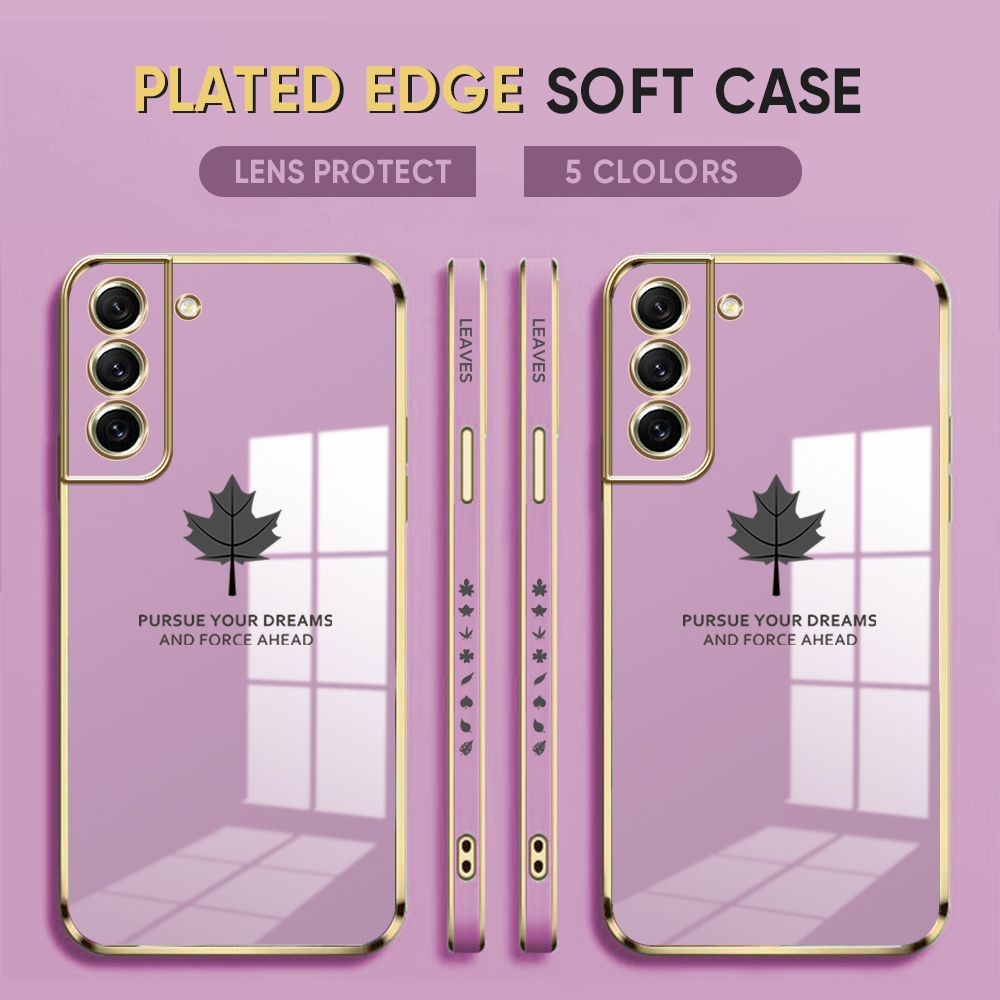 Luxury 6D Plating Case for Samsung Galaxy S21 FE 5G Back Cover Maple Leaf Side Pattern Soft Silicone Square Phone Cases
