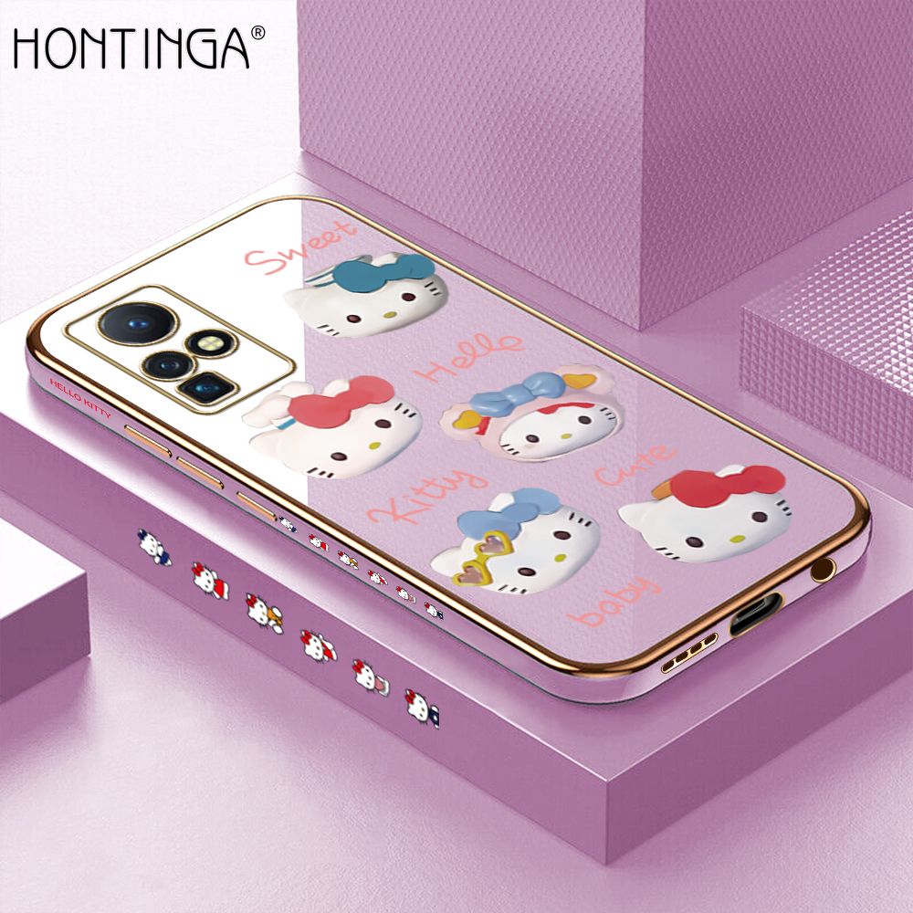 Hontinga for Infinix Zero X/Zero X Pro Back Cover + Free Lanyard Luxury 6D Plating Cartoon Cute Kitty Side Pattern Case Soft Silicone Square Phone Cases