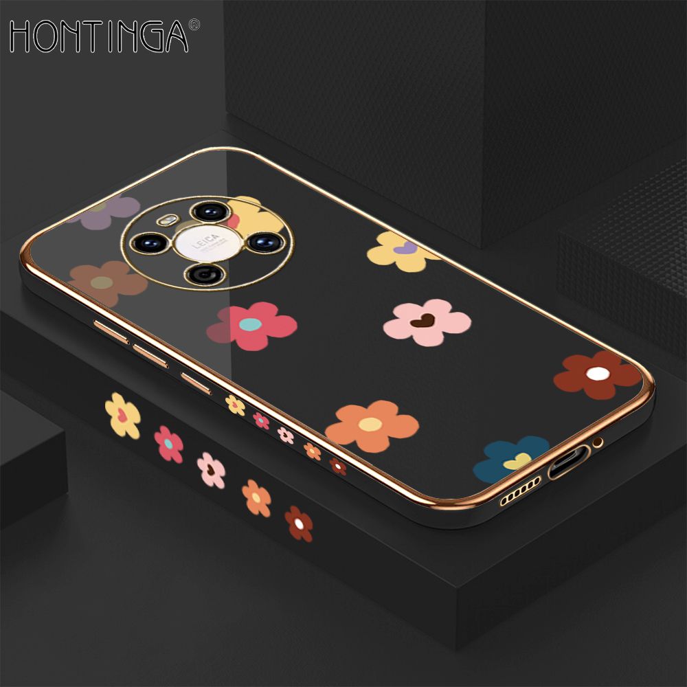 Hontinga for Huawei Mate 40 Back Cover + Free Lanyard Luxury 6D Plating Falling Flower Side Pattern Case Soft Silicone Square Phone Cases