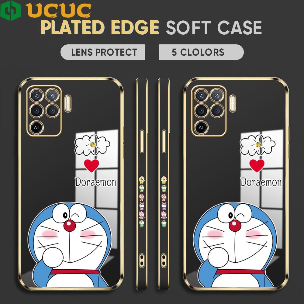 UCUC for OPPO F19 Pro / A94 4G / Reno 5 Lite / Reno5 F Back Cover + Free Lanyard Sneak Doraemon Luxury 6D Plating Case Side Pattern Soft Silicone Square Phone Cases