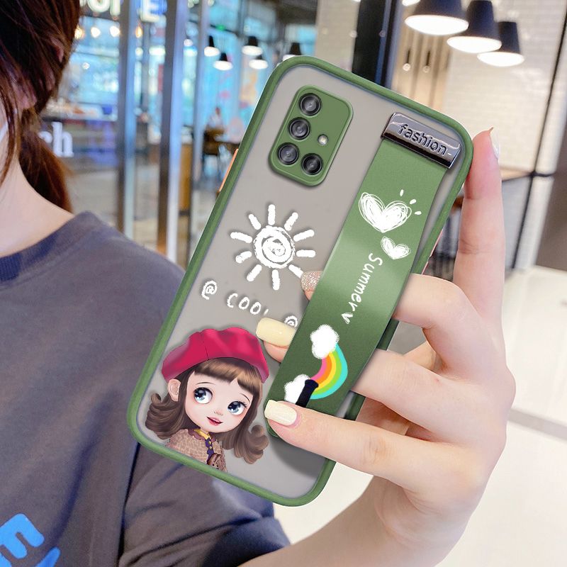 UCUC for Samsung Galaxy A71 5G Wrist Strap Case Lovely Cartoon Red Hat Girl Wristband Printing Cover Shockproof Frosted Phone Case