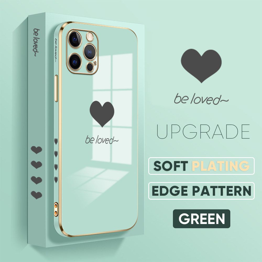 Jizetin (Free Lanyard) iPhone 12 Pro Luxury 6D Plating Soft Casing Silicone Square Frame Phone Case Shiny Bling Back Cover New Lover Heart New design Side Drawing Case