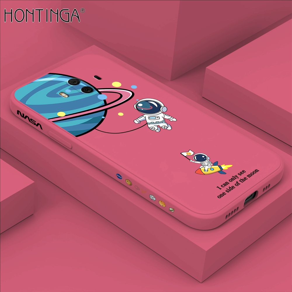 Hontinga for Huawei Mate 10 Case Cartoon Astronaut Side Design Back Cover Soft Square Edge Liquid Silicone Phone Cases