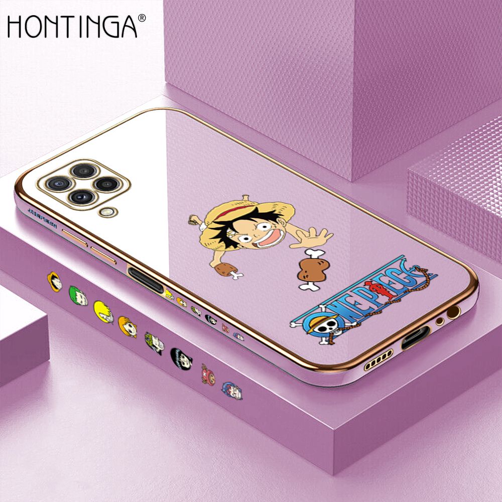 Hontinga for Samsung A22 4G Back Cover + Free Lanyard Luxury 6D Plating Cartoon Meaty Luffy Side Pattern Case Soft Silicone Square Mobile Cover