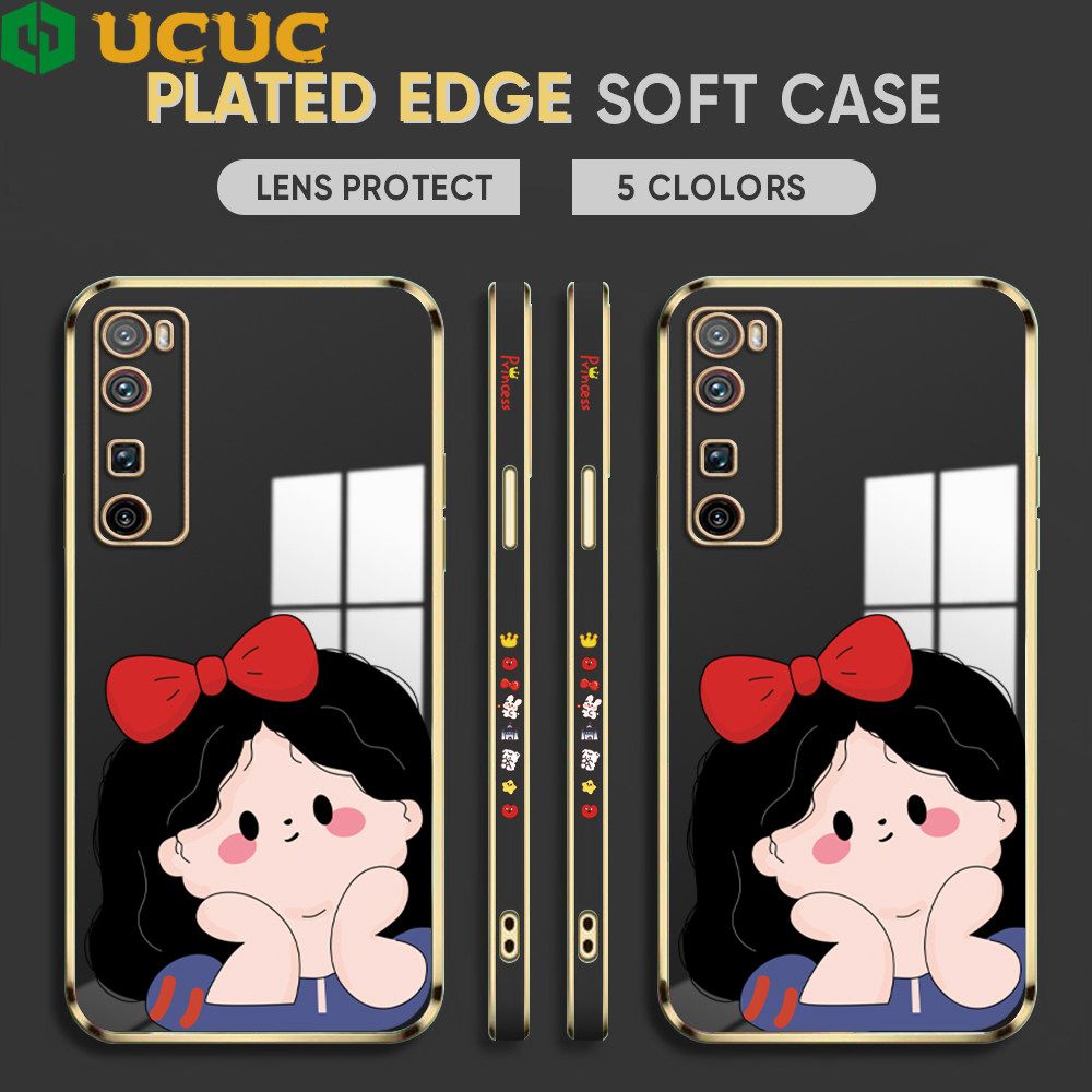 UCUC for Huawei Nova 7 Pro Back Cover + Free Lanyard Cute Gir Luxury 6D Plating Case Side Pattern Soft Silicone Square Phone Cases