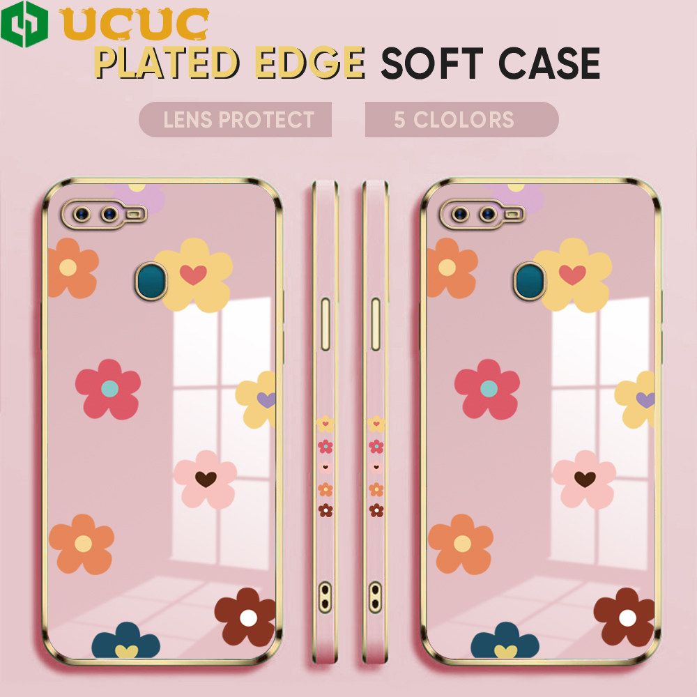 UCUC for OPPO A12S / A12 / A7 / A5S Back Cover + Free Lanyard INS Style Flower Luxury 6D Plating Case Side Pattern Soft Silicone Square Phone Cases