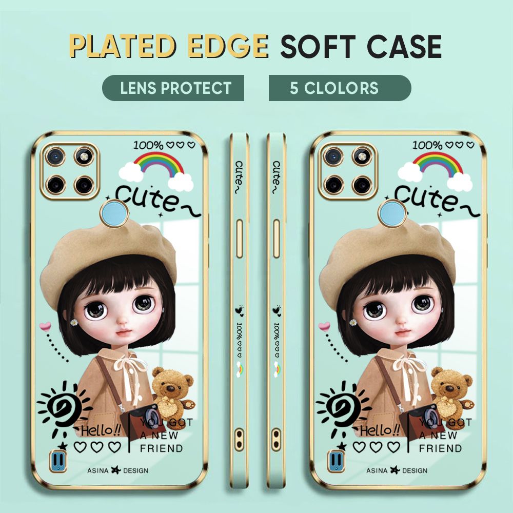 Luxury 6D Plating Case for Realme C25Y Phone Cases Satchel Girl Side Print Soft Silicone Square Back Cover