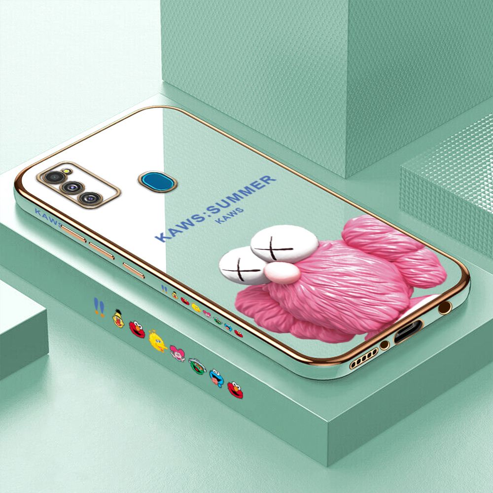 Luxury 6D Plating Case for Samsung M21 M30S Pink Doll Side Pattern Back Cover Soft Silicone Square Phone Cases + Free Lanyard
