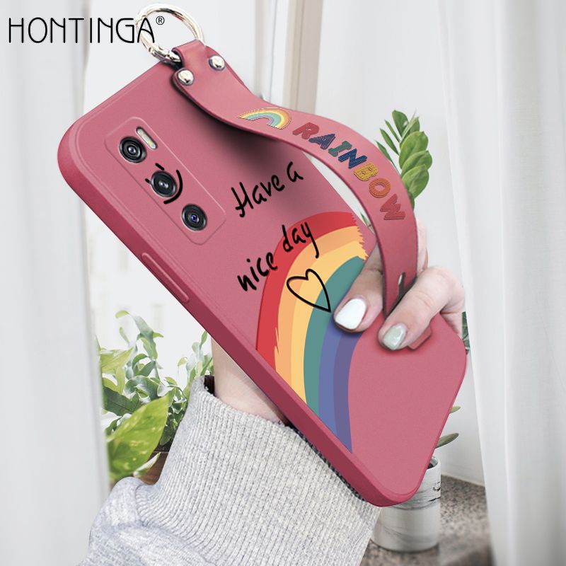 Hontinga for Vivo V20 SE Wrist Strap Case Lovely Graffiti Rainbow Smile Thin Phone Cover Square Edge Liquid Silicone Creativity Phone Case
