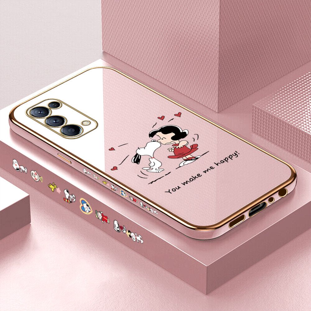 Luxury 6D Plating Case for OPPO Reno5 5G Happy Cartoon Puppy Side Pattern Back Cover Soft Silicone Square Frame Shiny Bling Phone Cases + Free Lanyard