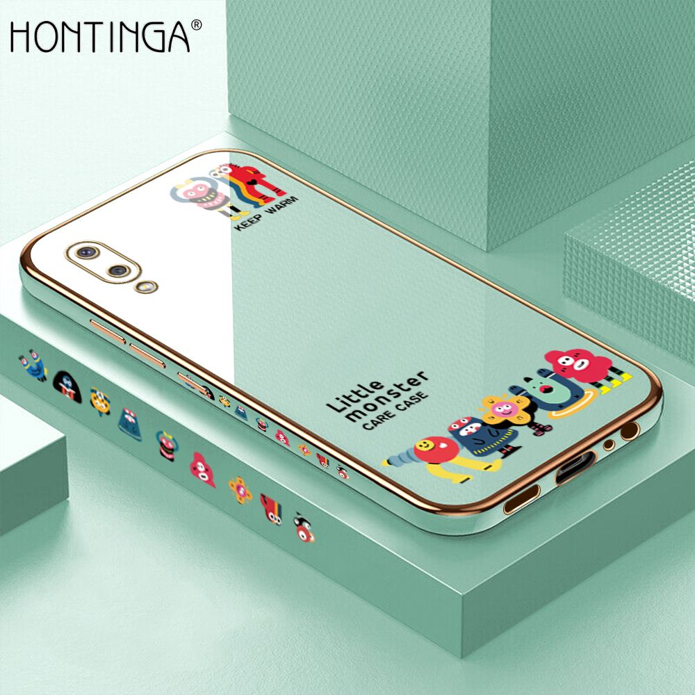 Hontinga for Samsung M02 A02 Back Cover + Free Lanyard Luxury 6D Plating Cute Mobs Collection Side Pattern Case Soft Silicone Square Mobile Cover