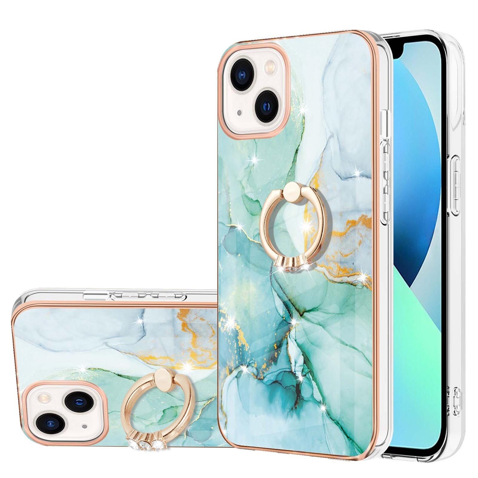 Case for iPhone 13 Marble Pattern Hybrid Hard Back Soft TPU Bumper Case Cover with Ring Holder Stand