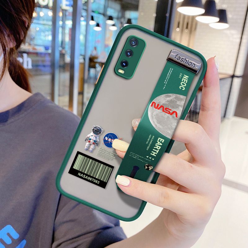 UCUC for Vivo Y20 2021 Wrist Strap Case Creative Cartoon Astronaut Wristband Printing Cover Shockproof Frosted Phone Case