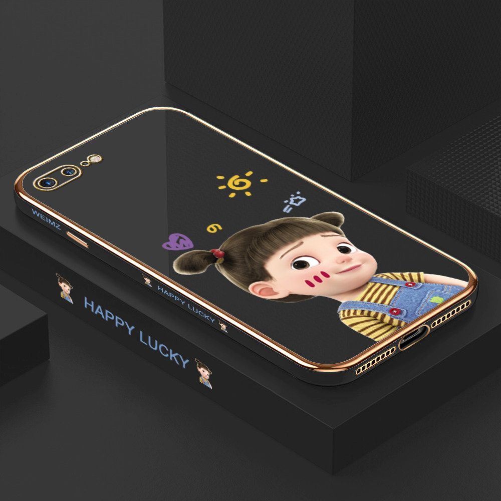 ZeroQiQi for iPhone 7 8 Plus Back Cover Cute Girl Luxury 6D Plating Case Side Pattern Soft Silicone Square Mobile Phone Cases + Free Lanyard
