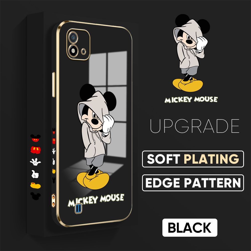 TA for Realme C20A / Realme C20 / Realme C11 2021 Back Cover + Free Lanyard Handsome Mouse Luxury 6D Plating Case Side Pattern Soft Silicone Square Phone Cases