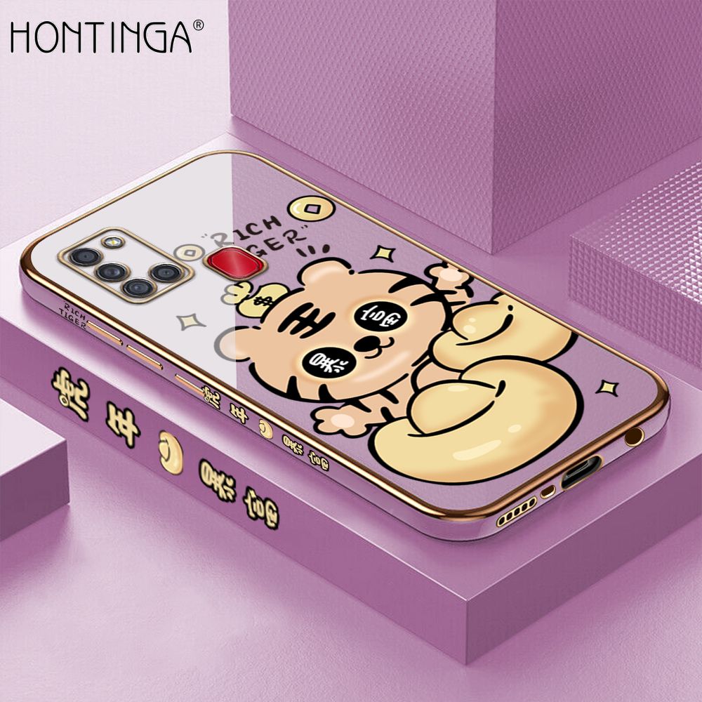 Hontinga for Samsung A21S Back Cover + Free Lanyard Luxury 6D Plating Cartoon Get Rich Tiger Side Pattern Caese Soft Silicone Square Phone Cases