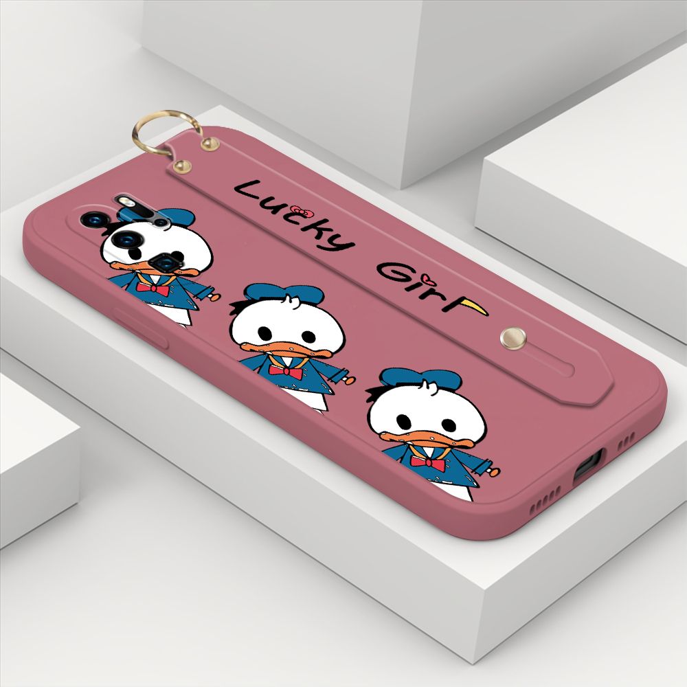 ZeroQiQi for Huawei P30 Pro Wrist Strap Case Cute Cartoon Little Duck Phone Case Square Edge Liquid Silicone Case Full Cover Camera Shockproof Protective Cases