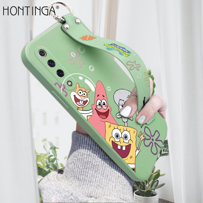 Hontinga for Xiaomi Mi 9 SE Wrist Strap Case Cute Cute Funny Cartoon Sponge for Square Pants Cover Square Edge Liquid Silicone Anti-drop Phone Case