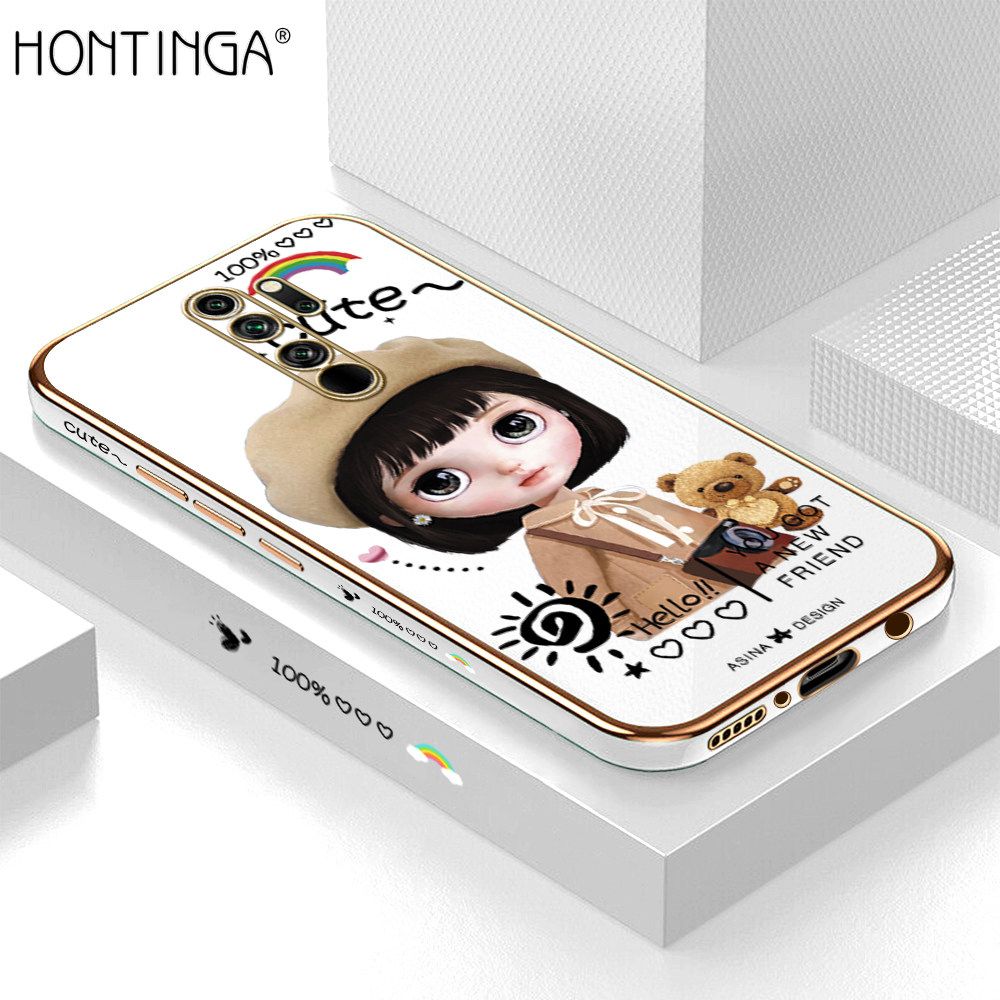 Hontinga for Redmi Note 8 Pro Back Cover + Free Lanyard Luxury 6D Plating Cartoon Satchel Girl Side Pattern Case Soft Silicone Square Mobile Cover