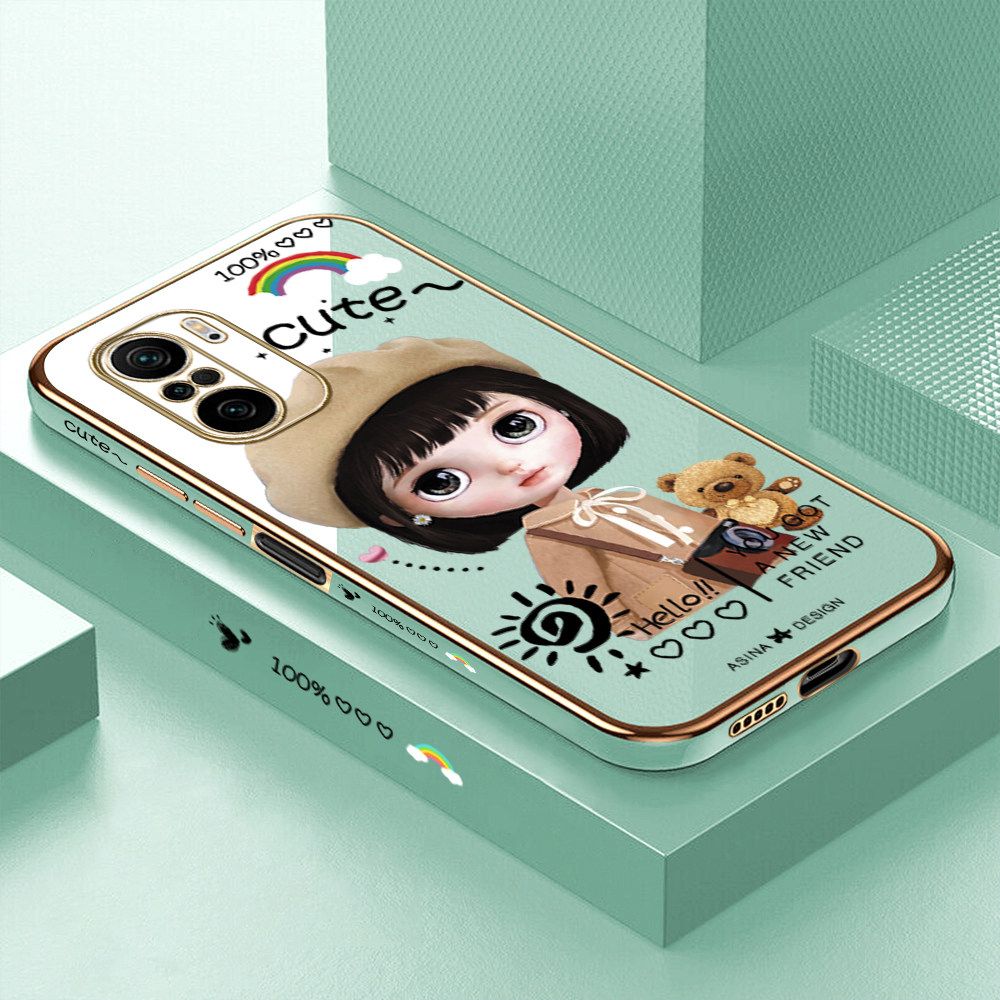 Luxury 6D Plating Soft Casing Silicone Square Frame Phone Case For Redmi K40 Pro Case Shiny Bling Back Cover Cute Girl With Shoulder Bag Square Edge Pattern Design Soft Case + Free Lanyard