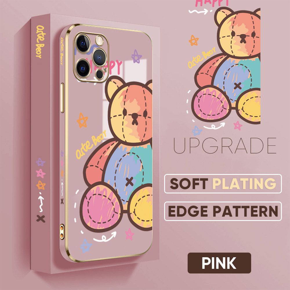 TA for iPhone 12 Pro Back Cover + Free Lanyard Color Doll Bear Luxury 6D Plating Case Side Pattern Soft Silicone Square Phone Cases