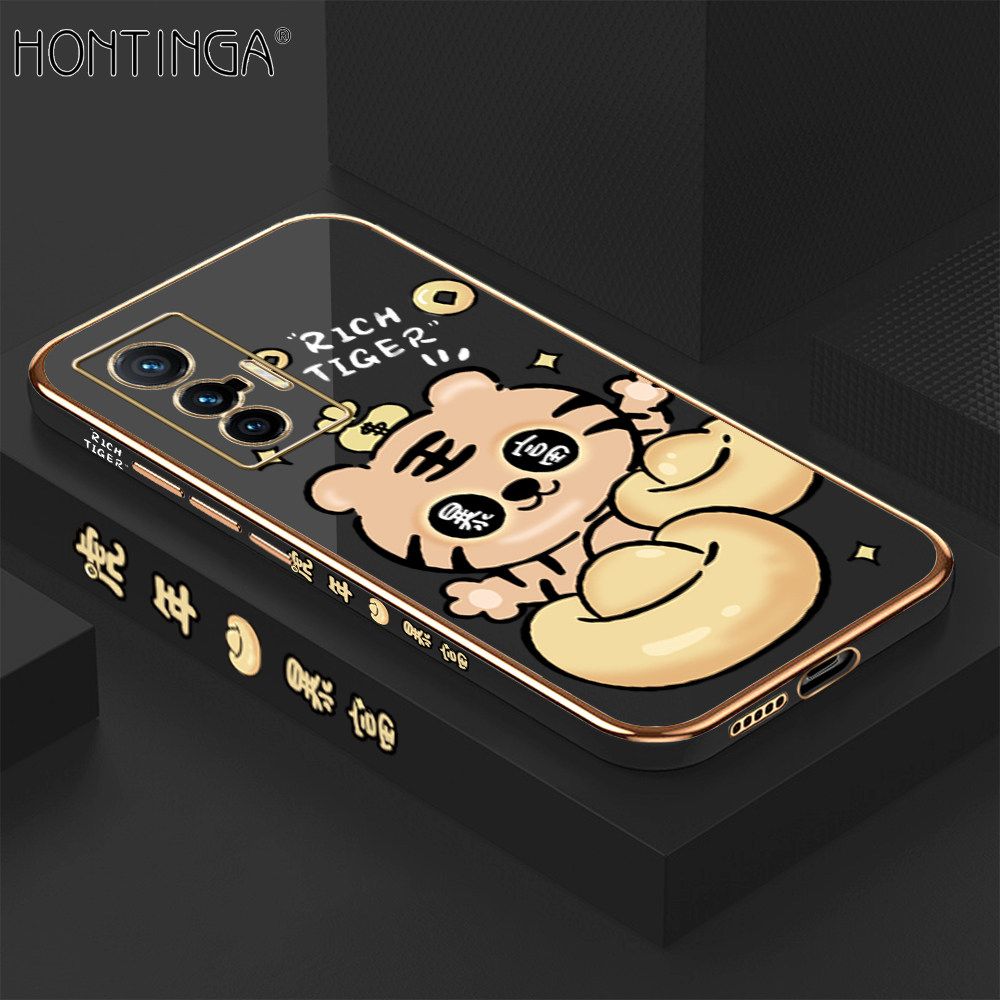 Hontinga for Vivo X70 5G Back Cover + Free Lanyard Luxury 6D Plating Cartoon Get Rich Tiger Side Pattern Caese Soft Silicone Square Phone Cases