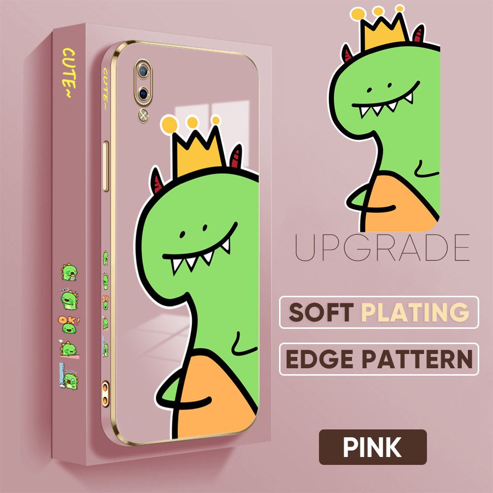 TA for Vivo Y93 Back Cover + Free Lanyard Crown Dinosaur Luxury 6D Plating Case Side Pattern Soft Silicone Square Phone Cases