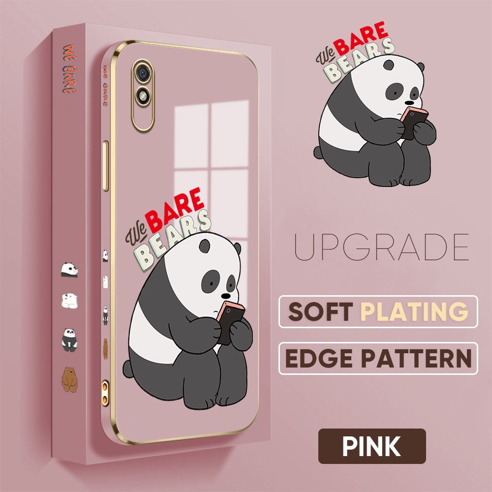 TA for Redmi 9A Back Cover + Free Lanyard Panda Reading Luxury 6D Plating Case Side Pattern Soft Silicone Square Phone Cases