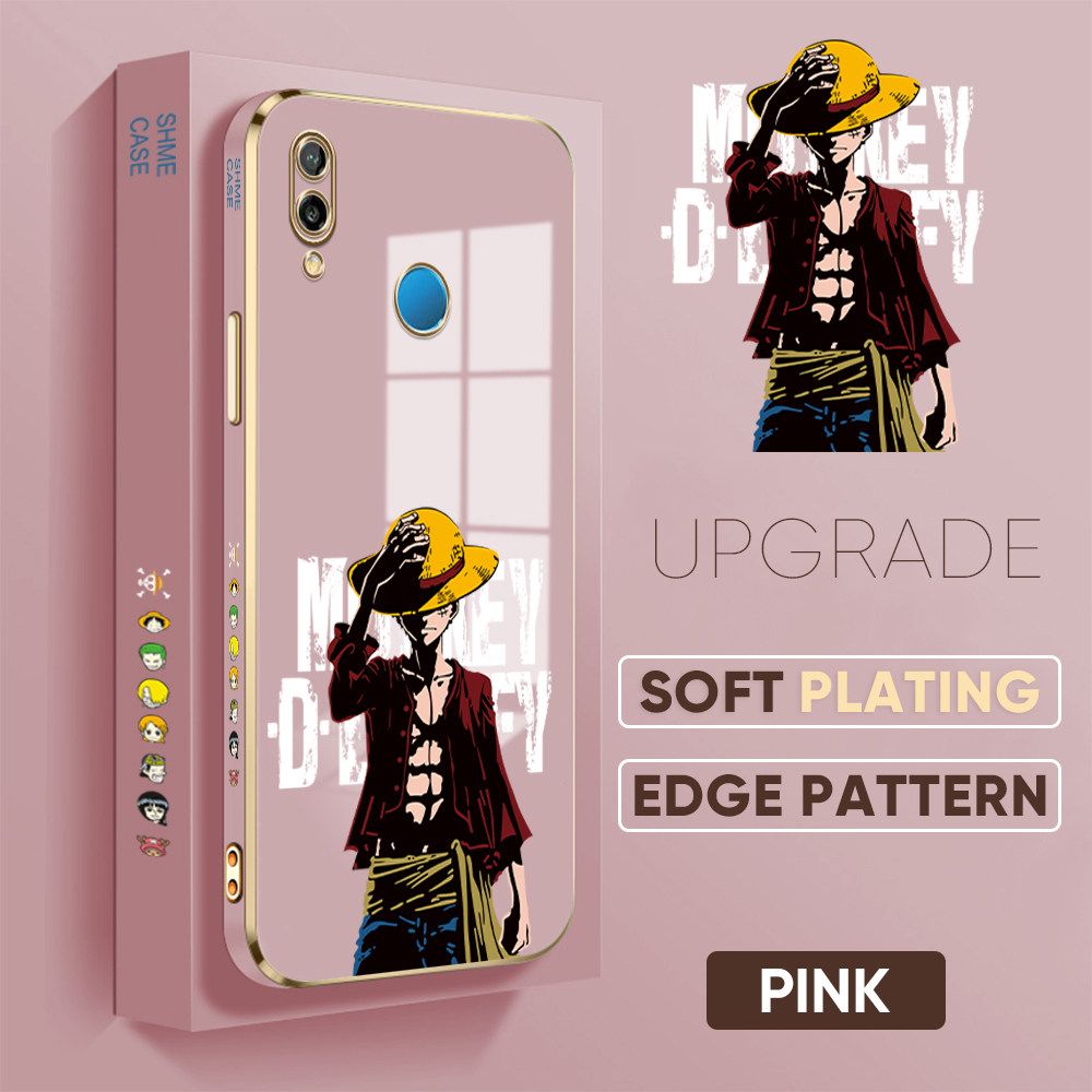 TA for Huawei P20 Lite / Nova 3E Back Cover + Free Lanyard Handsome Luffy Luxury 6D Plating Case Side Pattern Soft Silicone Square Phone Cases