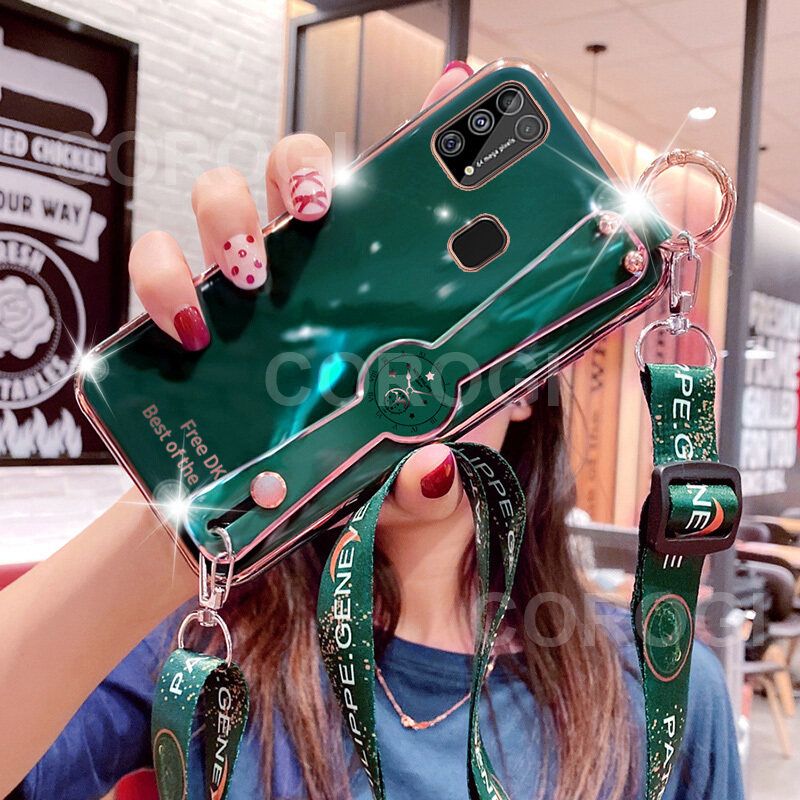 For Samsung Galaxy M31 Cover with [Lanyard + Wrist Strap Stand Holder] Ultra Thin Plating Bumper Phone Case Camera Lens Protection Soft TPU Silicone Shockproof Protective Back Cover