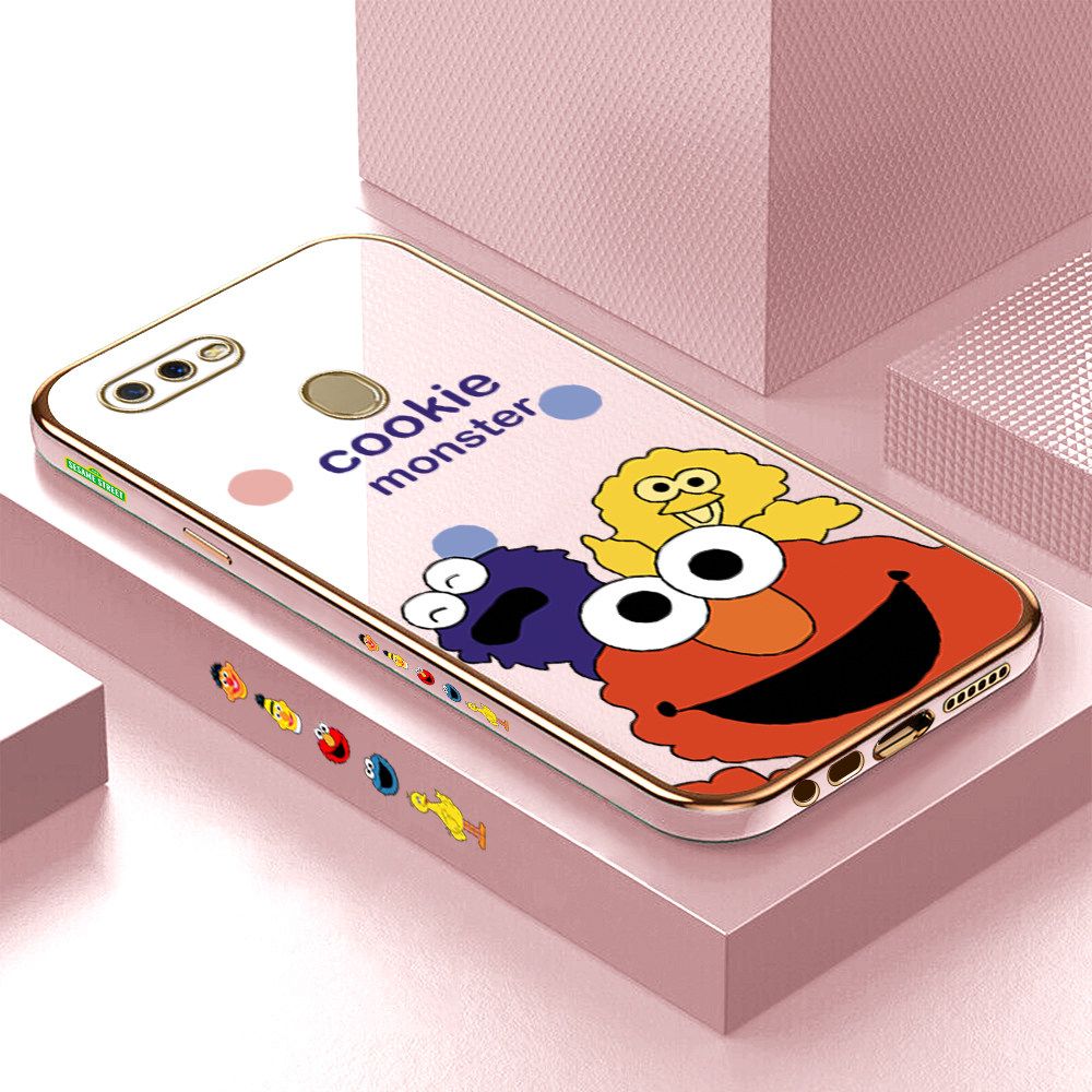 Luxury 6D Plating Case for OPPO A12S Color Cute Cartoon Sesame Monsters Side Pattern Back Cover Soft Silicone Square Frame Shiny Bling Phone Cases + Free Lanyard