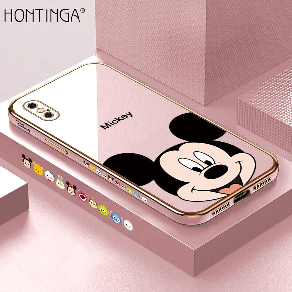 Hontinga for iPhone X / XS Back Cover + Free Lanyard Luxury 6D Plating Cartoon Mouse Side Pattern Case Soft Silicone Square Mobile Cover