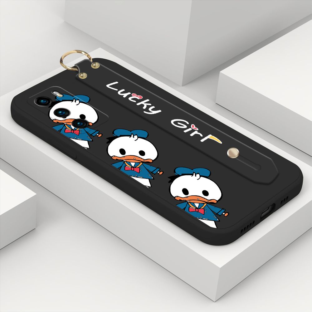 ZeroQiQi for Huawei P40 Wrist Strap Case Cute Cartoon Little Duck Phone Case Square Edge Liquid Silicone Case Full Cover Camera Shockproof Protective Cases