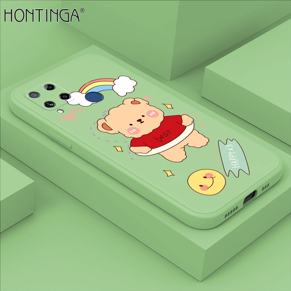 Hontinga for Realme C15 Case Lovely Cartoon Bear Phone Case Phone Case Soft Square Edge Silicone Cases Full Lens Cover Shockproof Protection Cover