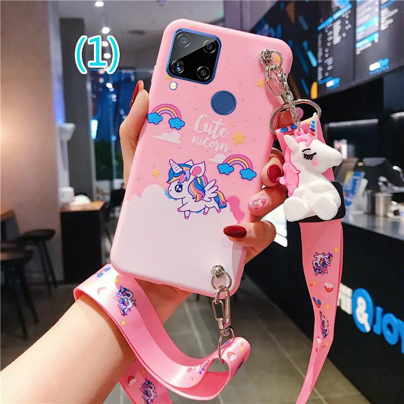 For Realme C11 Realme C12 Realme C15 Realme C25 Narzo 20 Narzo 30A Realme 5 5i 5s 6i C3 3D Lovely Cartoon PhonCute Rainbow Pink Unicorn Stand Holder with Lanyard Case Phone Cover