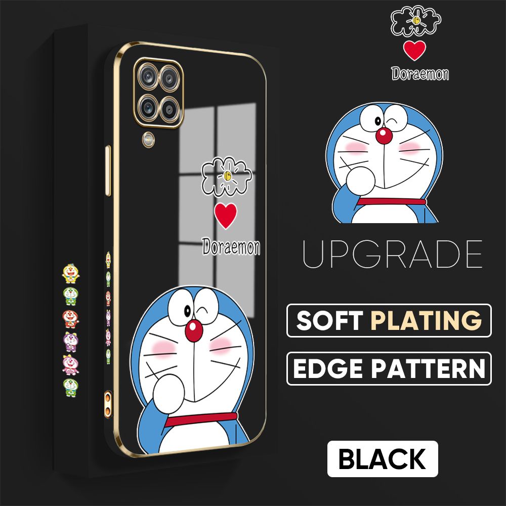 TA for Samsung Galaxy A12 / A12 5G / M12 Back Cover + Free Lanyard Sneak Doraemon Luxury 6D Plating Case Side Pattern Soft Silicone Square Phone Cases