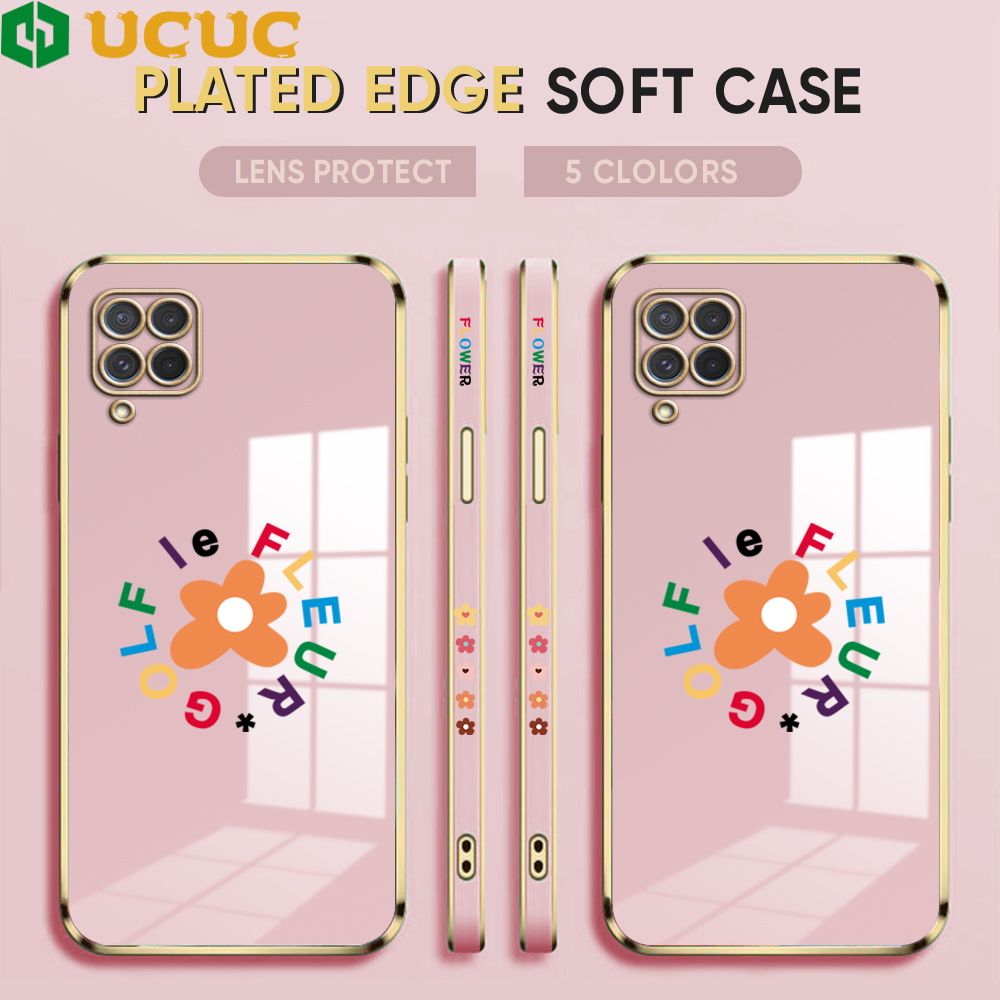 UCUC for Samsung Galaxy M62 F62 Back Cover + Free Lanyard Colorful Flower Luxury 6D Plating Case Side Pattern Soft Silicone Square Phone Cases