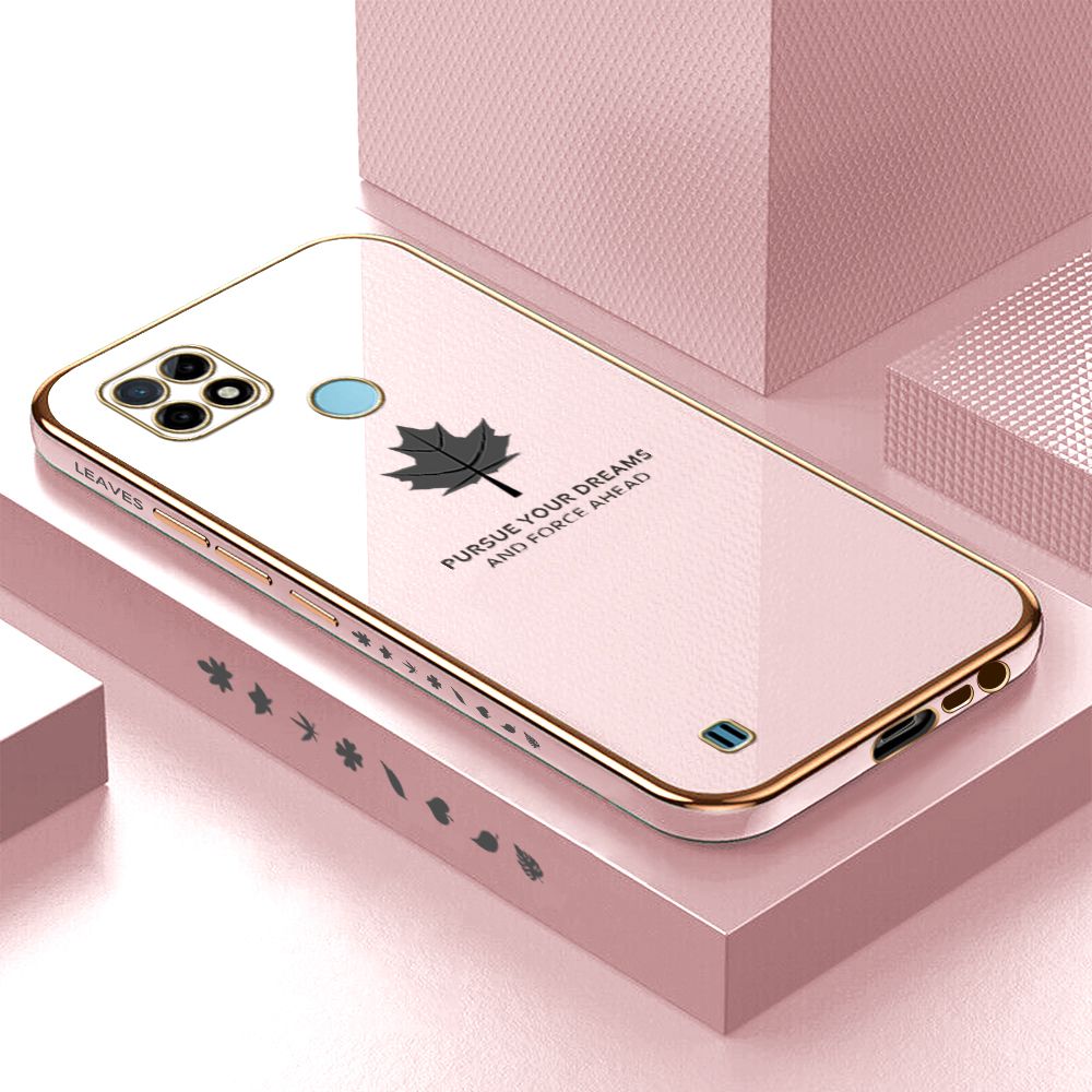 Luxury 6D Plating Case for Realme C25Y Maple Leaf Side Pattern Back Cover Soft Silicone Square Phone Cases + Free Lanyard