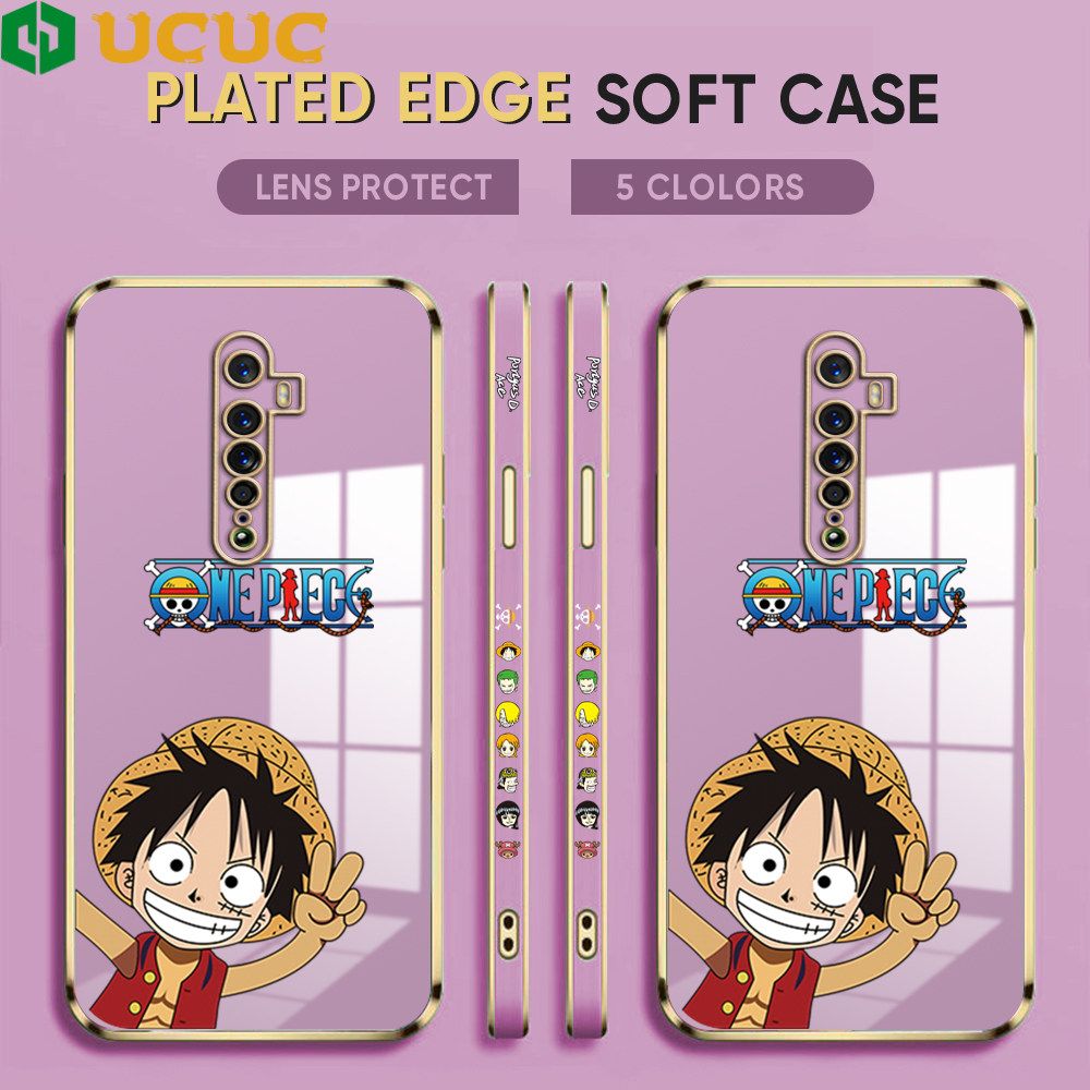 UCUC for OPPO Reno 2F 2Z Back Cover + Free Lanyard Wave Luffy Luxury 6D Plating Case Side Pattern Soft Silicone Square Phone Cases