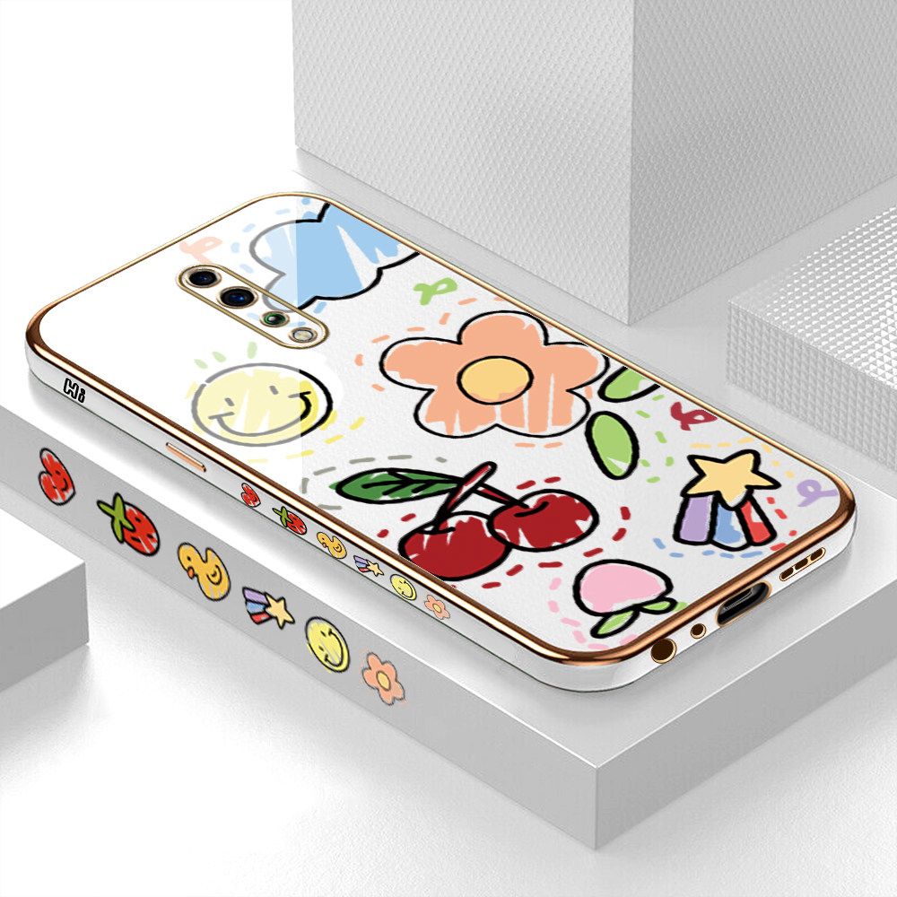 Luxury 6D Plating Case for OPPO Reno Z Color Cartoon cherry Peach Side Pattern Back Cover Soft Silicone Square Frame Shiny Bling Phone Cases + Free Lanyard